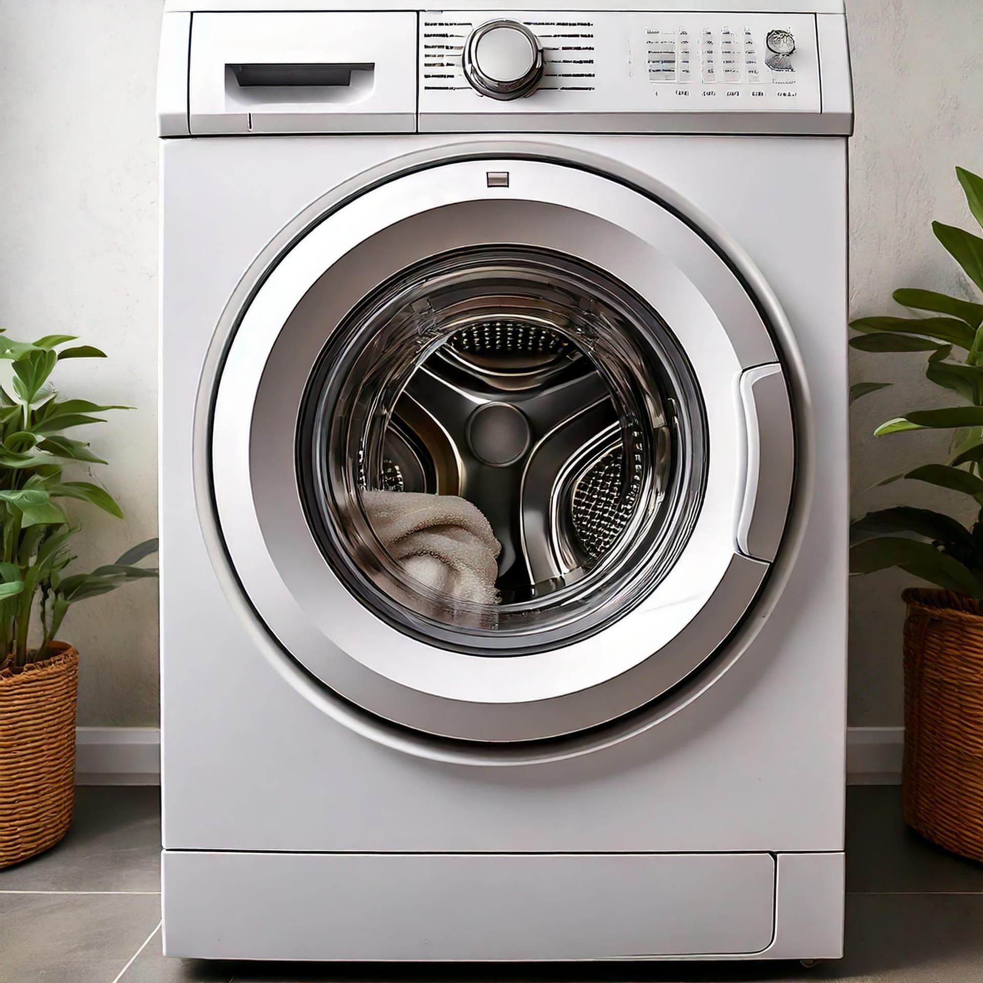 A white laundry machine with green plants on each side of it.