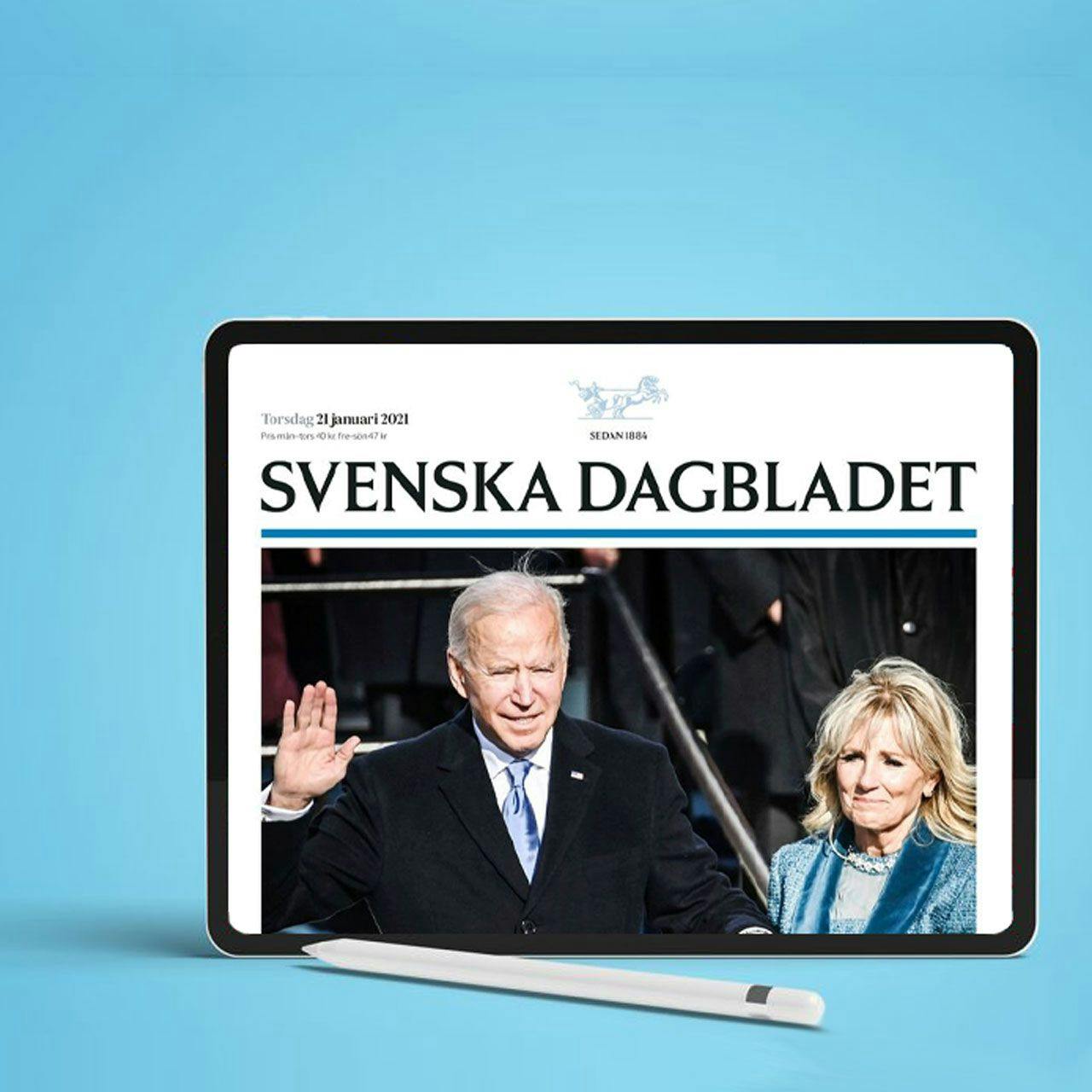 Svenska Dagbladet's website is displayed on an iPad.